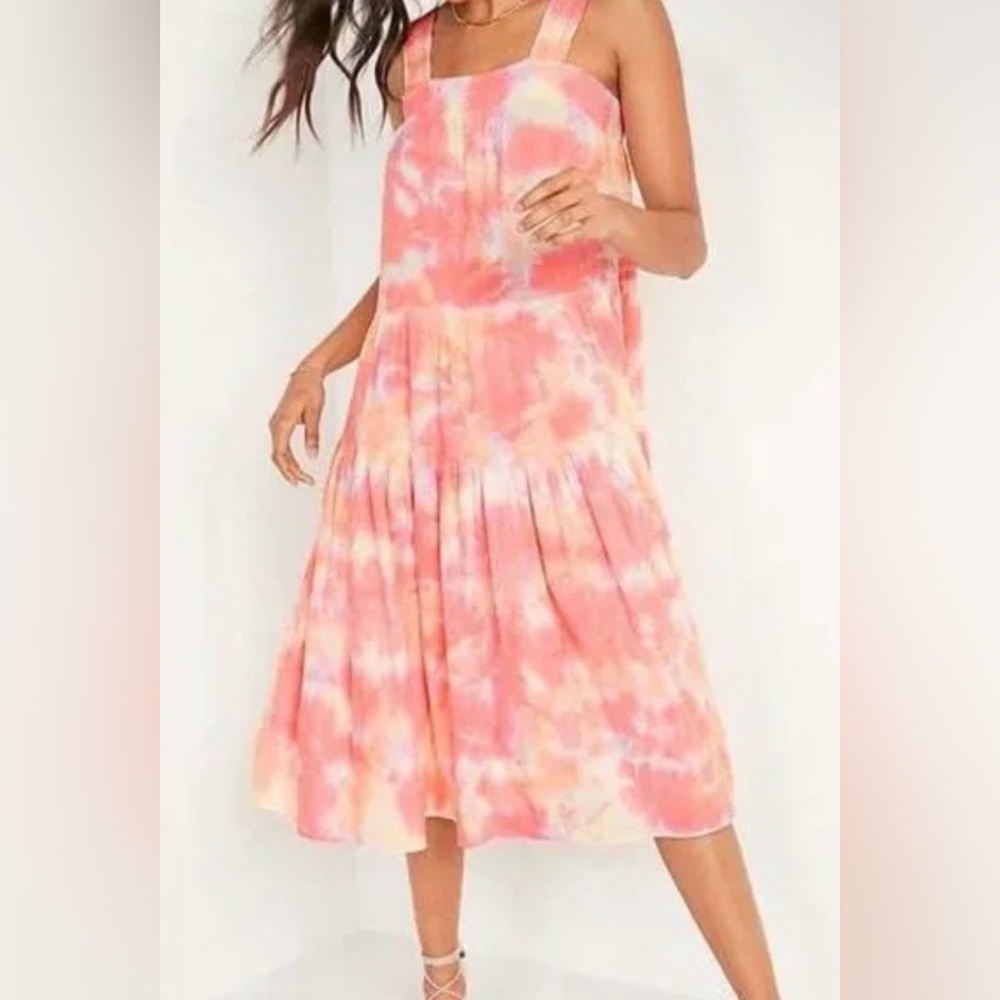 Old Navy Midi Swing Dress XL Boho Tie Dye Tiered Vacation Cruise Summer Cotton